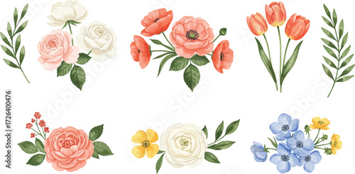 Watercolor floral arrangement featuring roses tulips and forget me nots on transparent background
