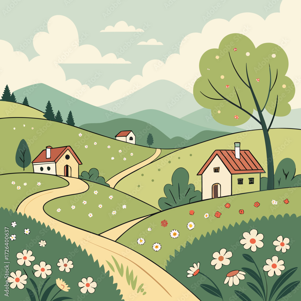 Fototapeta premium Charming countryside landscape vector with houses, mountains, green hills, trees, and flowers along a winding path. Ideal for rural, travel, nature, and scenic design projects