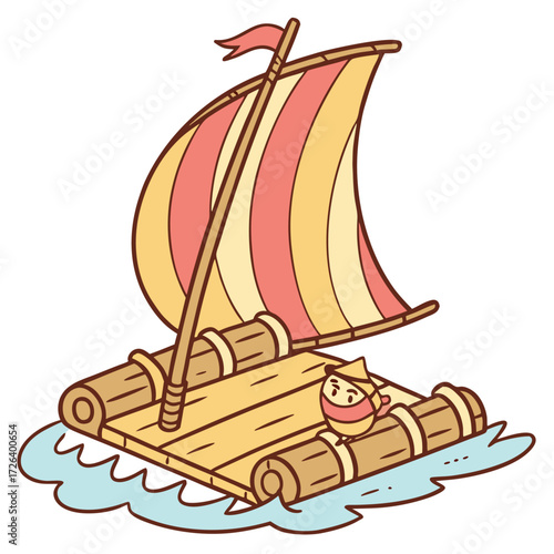 Cute cartoon bamboo raft with striped sail and little character. Fun vector illustration for travel, adventure, summer, survival, island, sea, and nautical themed designs or children’s artwork