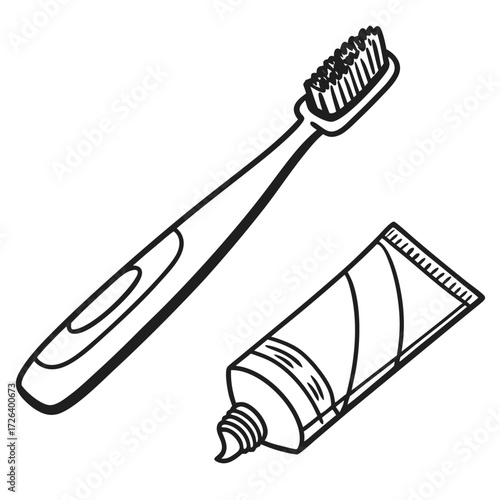 Black and white line art of a toothbrush and toothpaste tube. Perfect for dental care, hygiene, health, oral care, clinic, dentist, and education themes