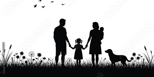 Silhouette of family with children, parents, baby, and dog standing in meadow, outdoor nature scene, summer walk, bonding together
