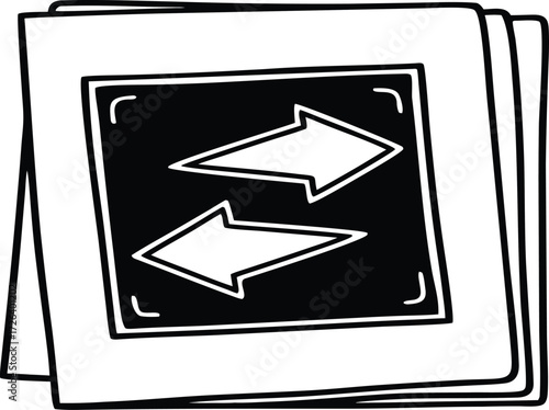 A stack of film photo slides with a symbol of two opposing horizontal arrows.