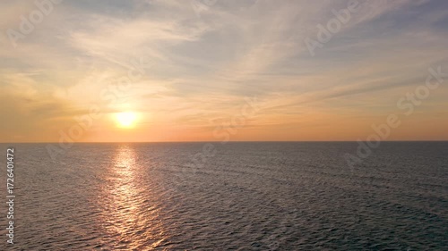 Aerial Panorama view of tropical beach seascape horizon. Royalty high-quality free best stock of sunrise over ocean horizon, panoramic sea skyline beach, relaxing outdoors vacation, the sun rising up 