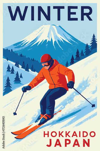 Vibrant vintage-style poster featuring a skier in orange gear carving down a snowy slope under a blue sky, with a snow-capped mountain and pine trees framing Hokkaido, Japan.