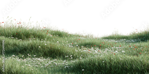 Lush field with wildflowers in bloom, detailed grass and a serene feel offering a visual harmony,