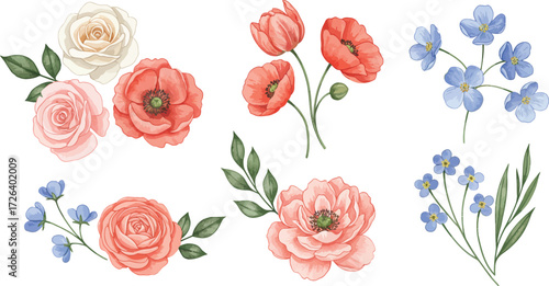 Watercolor floral arrangement with roses poppies and forget me nots on transparent background