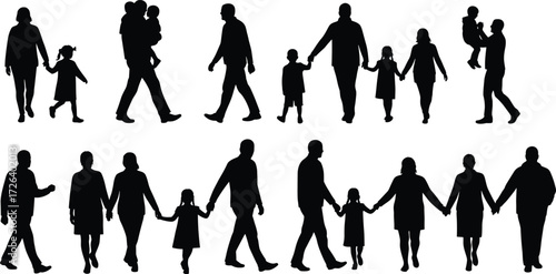 Family silhouettes walking together, parents holding children hands, vector illustration, black outline artwork, happy family design, childhood concept, people group vector
