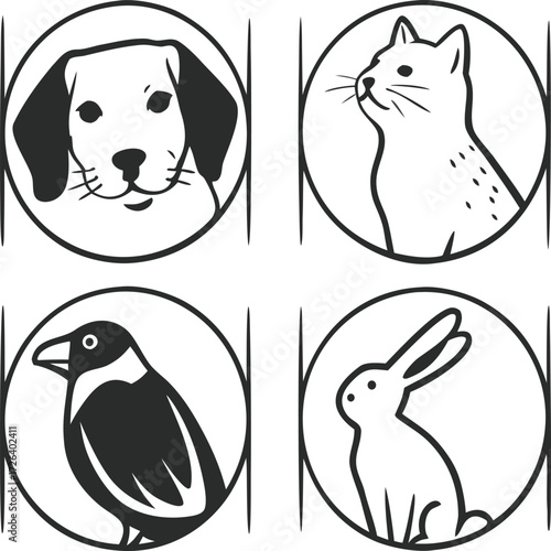 Four stylized animal portraits in circles: a dog, a cat, a bird, and a rabbit.