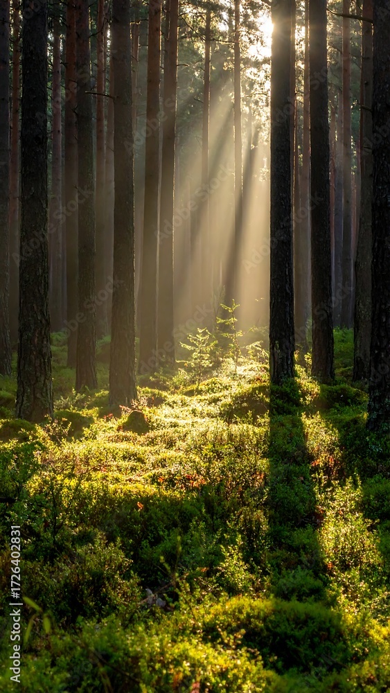 Fototapeta premium Sunbeams pierce a misty pine forest, illuminating a mossy path