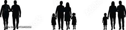 Family silhouettes walking together, parents with children, happy family concept, mother father kids, love support relationship, parenting design, togetherness vector illustration