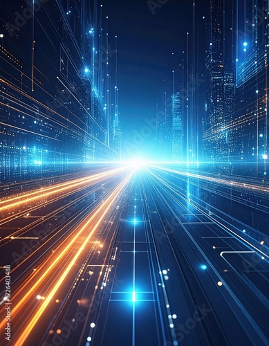 Futuristic city street with digital light trails