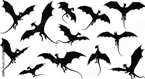 Flying dragon silhouettes collection, fantasy mythical creatures, legendary winged beasts, dark shadow reptile figures, medieval monster illustration set, vector design