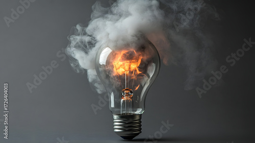 Glass light bulb smoke fire burnout hazard spark heat danger gray background concept