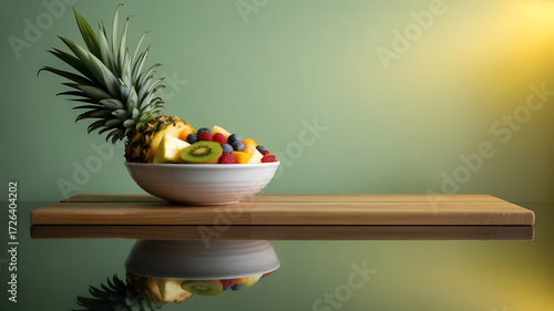 Fototapeta Naklejka Na Ścianę i Meble -  A bowl of assorted fresh fruits including pineapple, kiwi, berries, and grapes on a wooden surface with a reflective background.