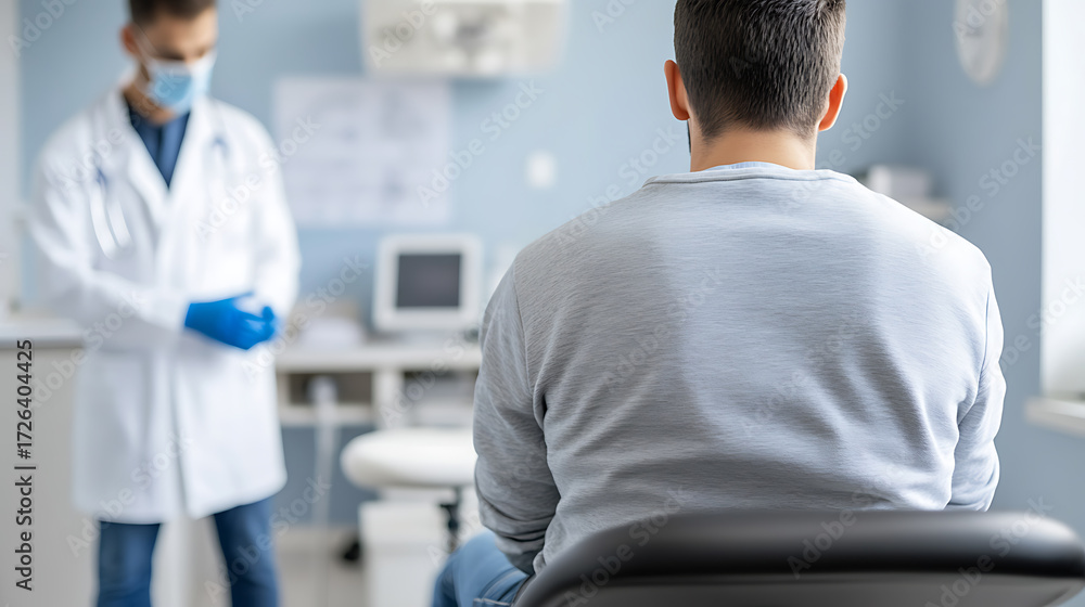 Obraz premium Patient at doctor's office: Back view of patient seated in examination room, with physician in lab coat and face mask in background, awaiting consultation.