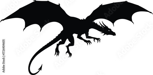 Majestic flying dragon silhouette, fantasy mythical creature, legendary beast with wings, powerful reptile figure, medieval monster design, dark shadow illustration
