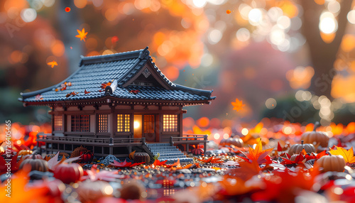 Japanese miniature building with many maple leaves represents the autumn season.