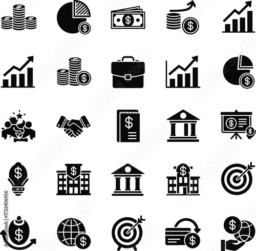 Collection of financial and business icons in black and white