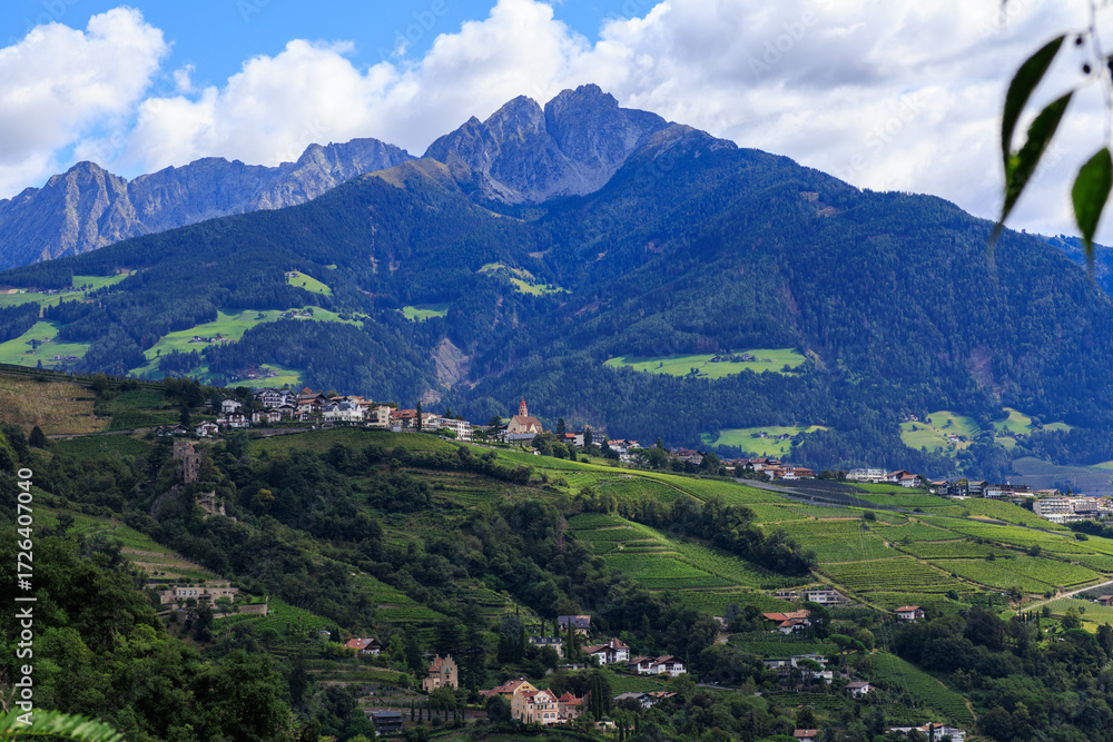 Obraz premium Panorama with castle Schloss Brunnenburg, vineyards, village Tirol (Dorf Tirol) and mountain summit Ifinger in South Tyrol, Italy