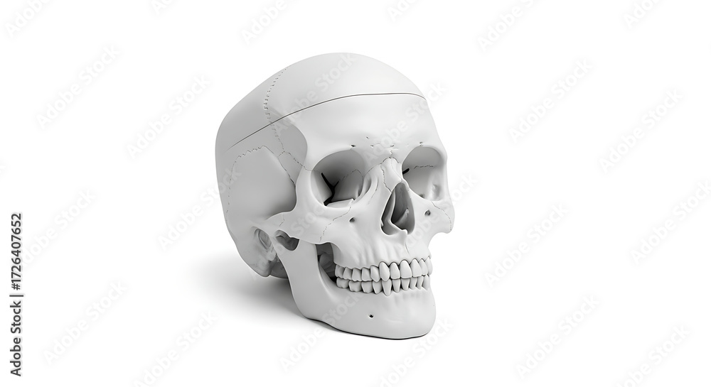 Fototapeta premium Realistic Anatomical Human Skull Isolated on White Background for Medical or Halloween Concepts