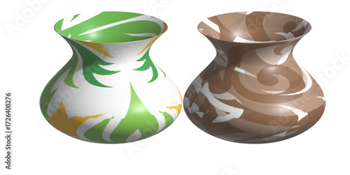 Green ceramic vase with a handle and flowers on a white background