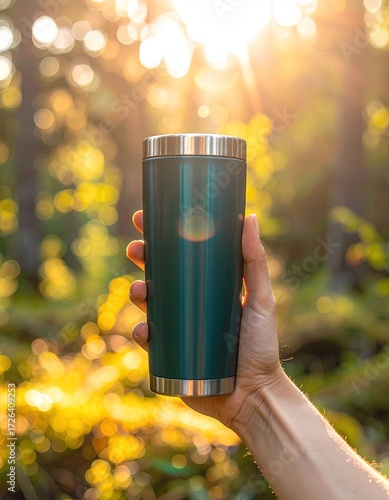 Person holding a teal colored tumbler outdoors on a sunny day.
