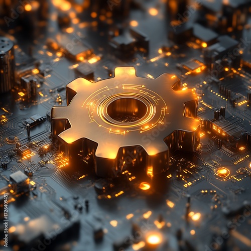 Golden gear on a circuit board, glowing with inner light