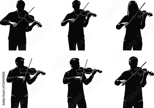 Violin player silhouette vector, musician clipart set, black and white performance pose, classical music illustration, isolated artistic design