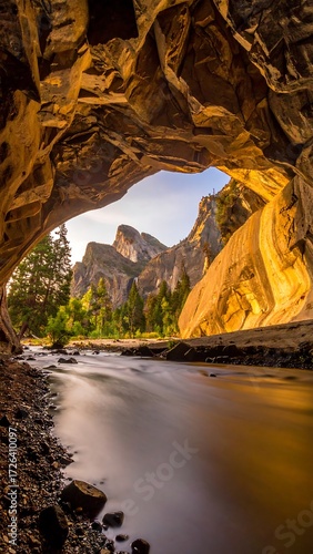Sunlit archway reveals a tranquil river flowing towards majestic mountains under a serene sky