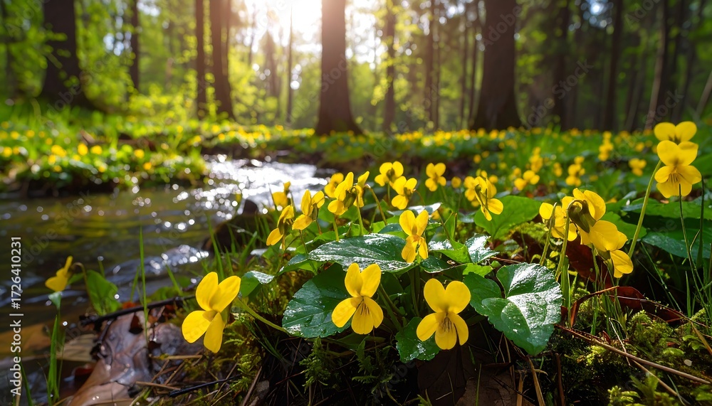 Obraz premium Sunlit stream flows through lush forest, vibrant yellow wildflowers blooming along its banks