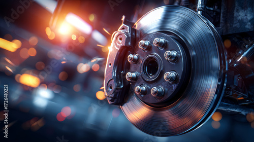 Wallpaper Mural Close up shiny metallic car brake disc with bolts in workshop with sparks automotive technology engineering Torontodigital.ca