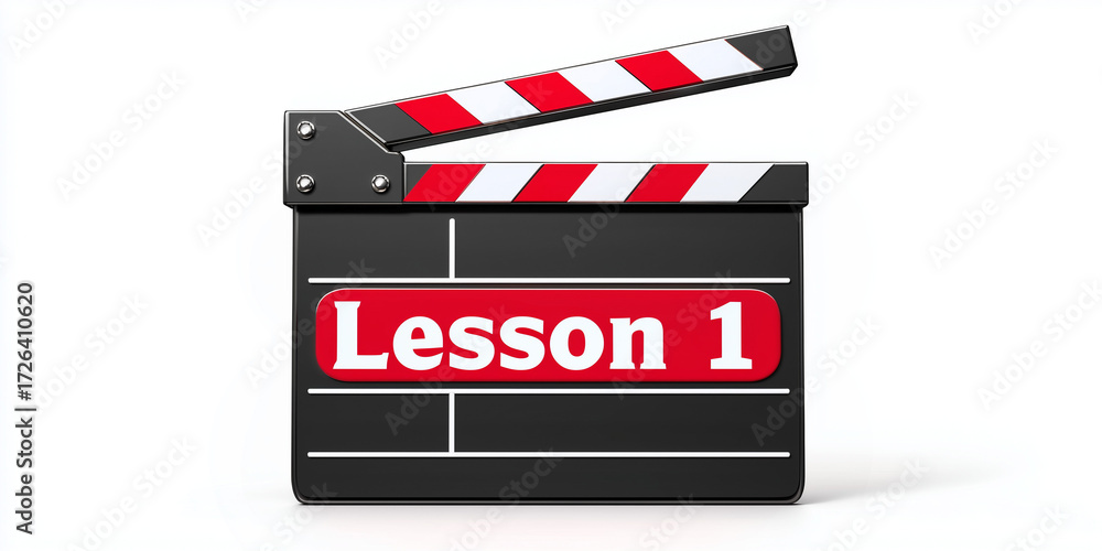 Naklejka premium Film clapperboard labeled Lesson 1 with red and black design 