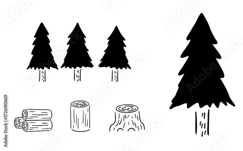 針葉樹_手描きイラスト_ベクター_切り株、木材｜Conifer Tree_Hand-Drawn Illustration_Vector