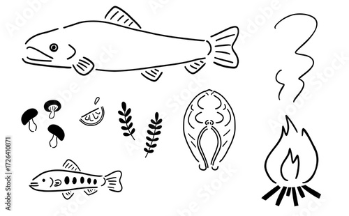 アウトドア料理_焚き火と魚_手描きイラスト_ベクター｜Outdoor Cooking_Campfire and Fish_Hand-Drawn Illustration_Vector