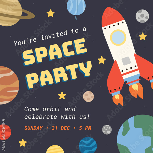 OUTER SPACE party invitation pre-made astronaut themed illustration design celebration printable vector birthday event festival