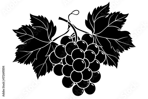 Vector art of black silhouette of a bunch of grapes with leaves