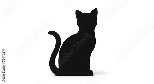 Silhouette of a black cat sitting upright isolated on a clean white background.