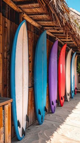 Colorful surfboards leaning against a wooden wall under a thatched roof.