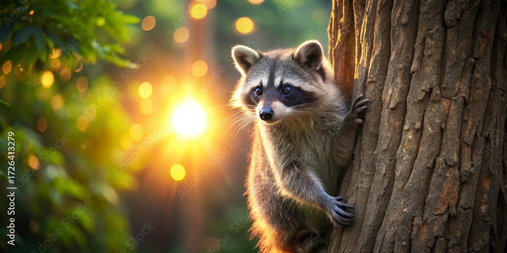 Obraz premium A curious raccoon at sunset, clinging to a tree trunk in a forest, illuminated by golden light