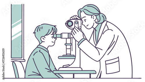 A doctor examining a young boy's eyes with an ophthalmoscope in a medical office.