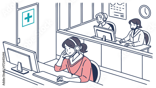 Illustration of a medical call center with operators wearing headsets and working on computers.
