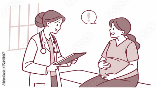 A female doctor consults with a smiling pregnant woman during a prenatal check-up, discussing her health and pregnancy.