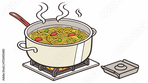 A pot of noodles is boiling on a stove, with steam rising from the food.