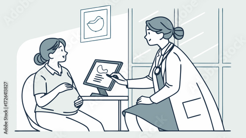 Female doctor showing medical results on a screen to a pregnant patient during a prenatal consultation in a clinic.