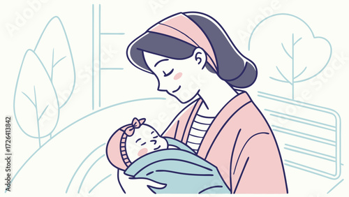 A mother lovingly cradles her sleeping baby, outdoors, near trees and a path.