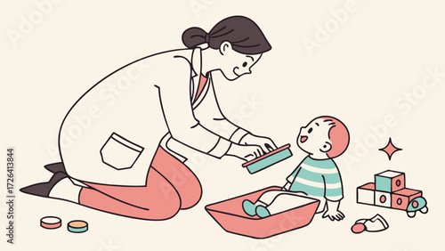 A kind female doctor or caregiver kneeling and brushing a happy baby's teeth, surrounded by colorful toys.