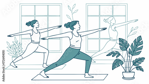 Three women in a yoga studio practicing the Warrior II pose with plants and windows in the background.