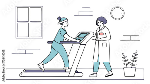 A person is walking on a treadmill while being observed by a medical professional.