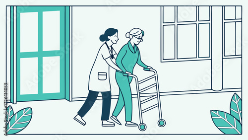 Illustration of a nurse assisting an elderly woman using a walker in a hospital setting.