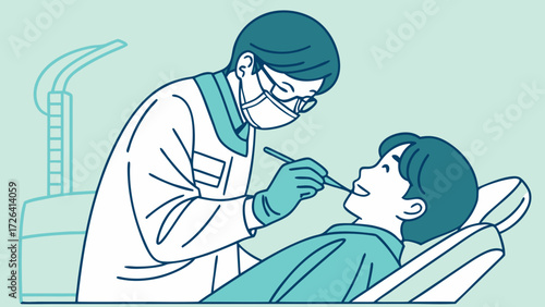 Illustration of a dentist wearing a mask and glasses examining a young patient's teeth in a dental chair.
